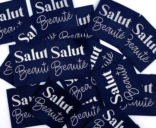 Étiquette tissée à coudre "SALUT BEAUTÉ" Marine