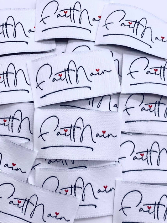 Étiquette tissée à coudre "Fait Main " Blanc et Marine