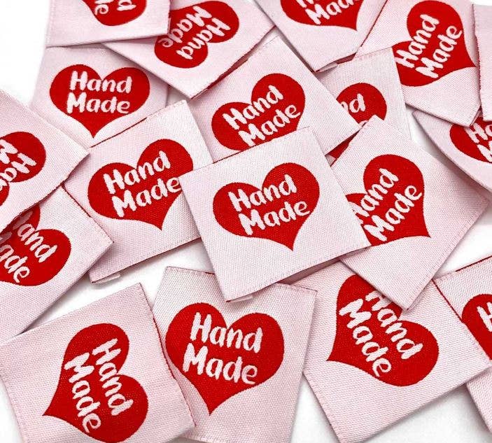 Étiquette tissée à coudre "Hand Made" Rouge et Blanc
