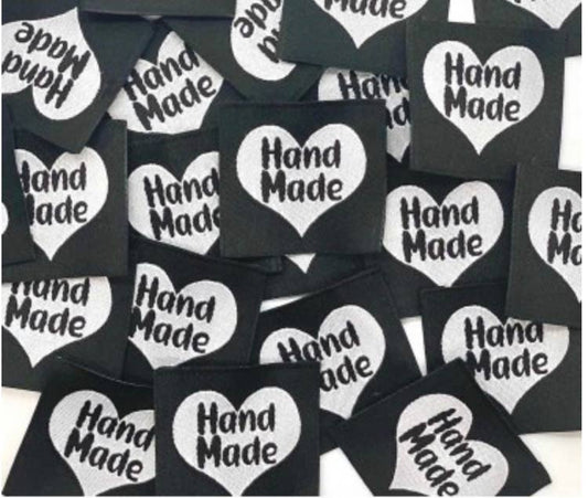 Étiquette tissée à coudre "Hand Made" Noir et Blanc